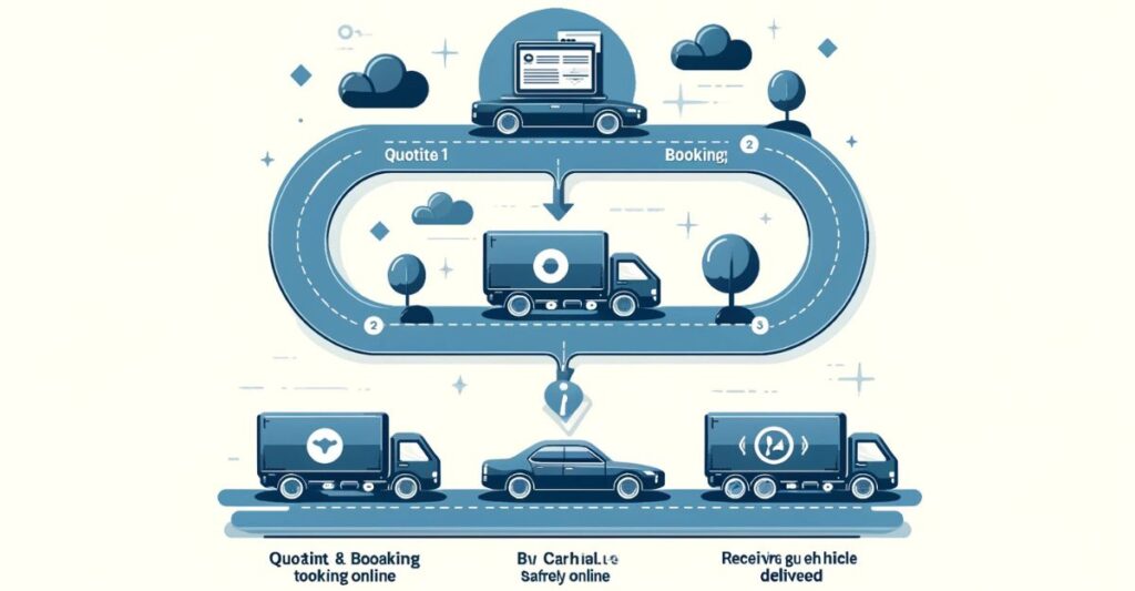 Flowchart showing Vehicle Transport Services steps: order quoting, vehicle pickup, and final vehicle delivery.