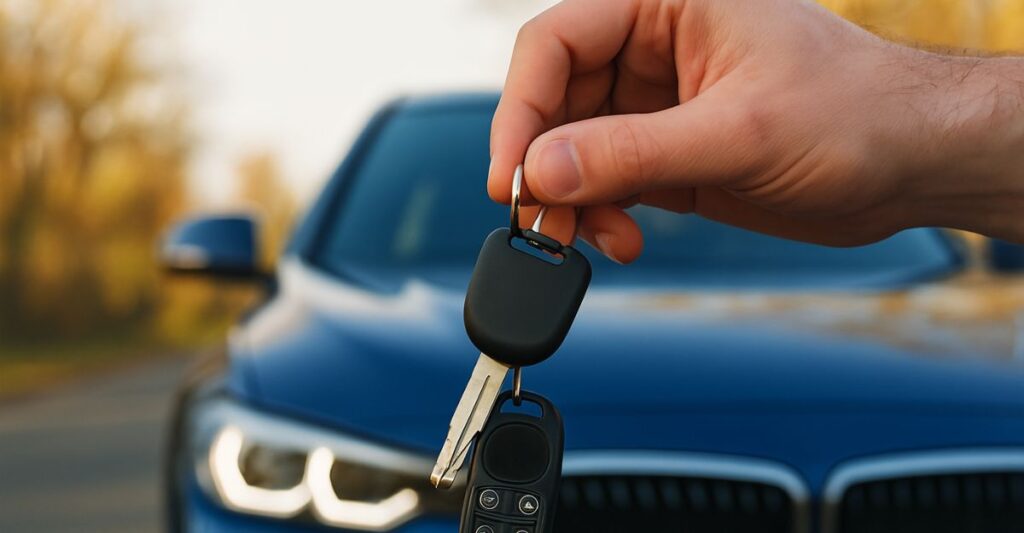 Hand holding keys in front of a blue car, symbolizing vehicle transportation services