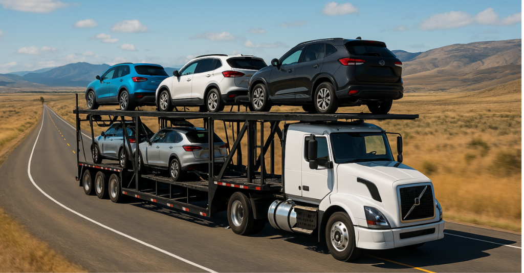 Open car carrier transporting vehicles across a scenic highway during a cross country auto transport journey.