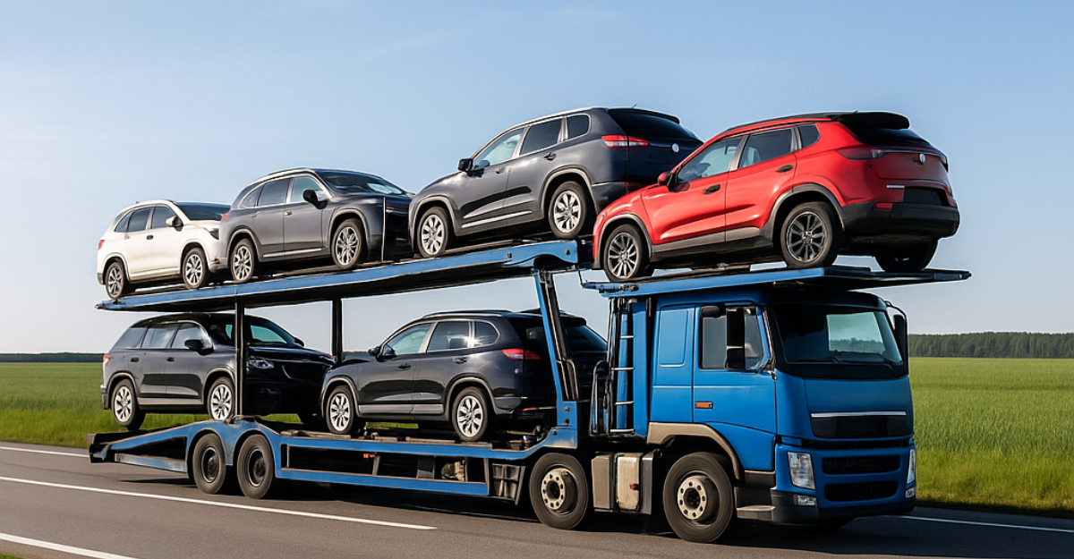 A blue car carrier truck transports six vehicles along a two-lane highway under a clear blue sky, with green fields in the background.