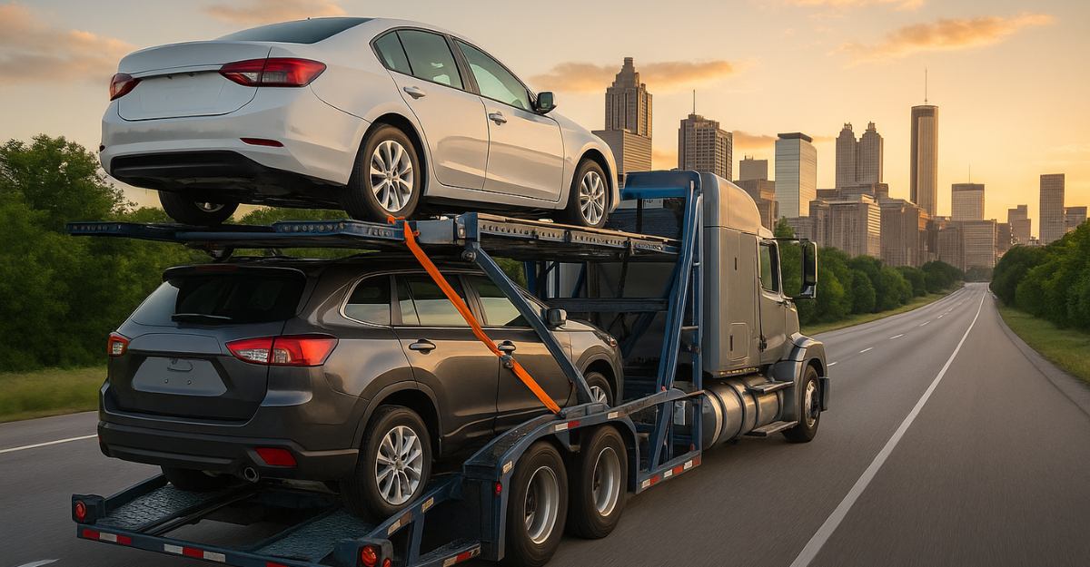 A blue car carrier truck transports two vehicles on a wide highway, with the Atlanta skyline in the background at sunset under a golden sky.
