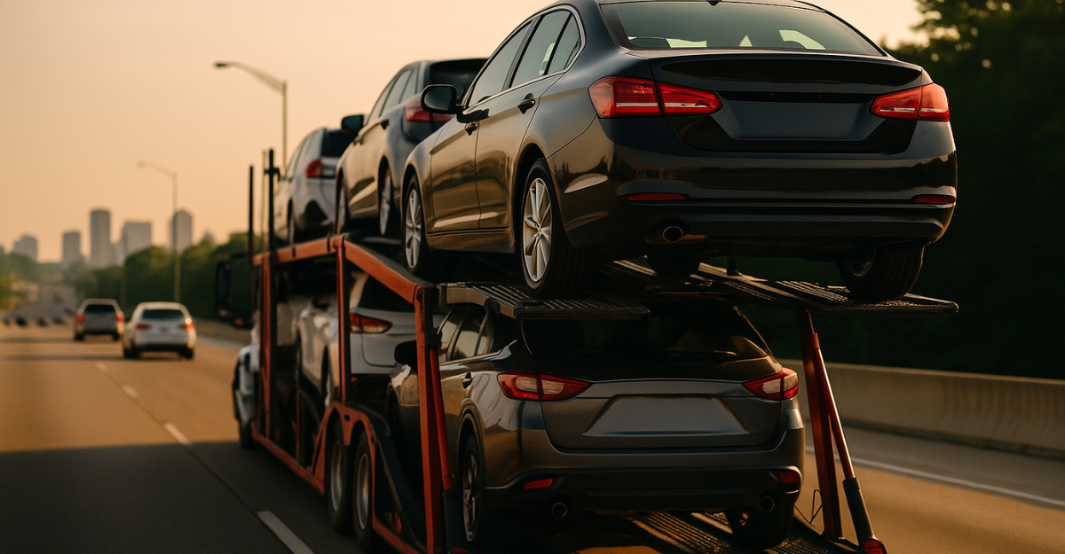A car carrier trailer transports several vehicles on a highway during sunset, with a glossy black sedan in sharp focus and a distant city skyline on the horizon.