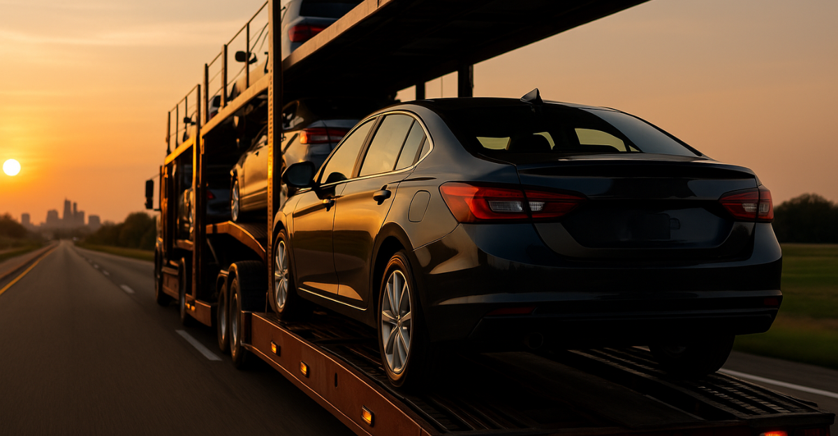 A photograph captures a multi-level car carrier trailer transporting dark sedans at sunset, with golden light reflecting off the vehicles and road.