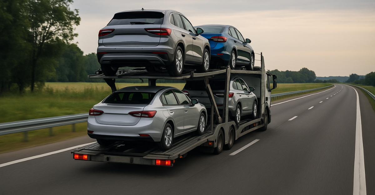 A high-resolution photograph captures a blue car carrier truck transporting multiple vehicles on a rural highway, surrounded by green trees under a clear blue sky.