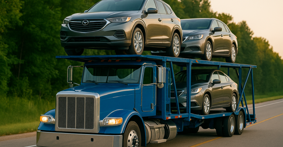 Blue car carrier truck transports multiple vehicles on a rural highway under a clear sky, surrounded by trees and open road.