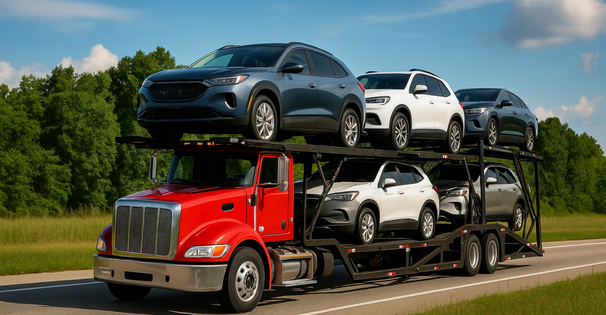 A high-resolution photograph captures a red semi-truck with an open car carrier trailer transporting multiple vehicles on a sunny day, driving down a wide highway flanked by green trees under a bright blue sky.
