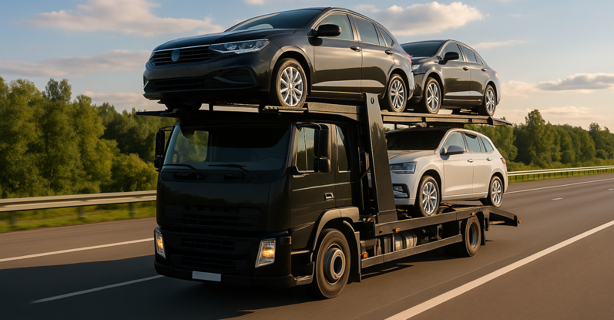 Black flatbed truck hauls multiple cars on a sunny highway, with clear skies and trees lining the road in the background.