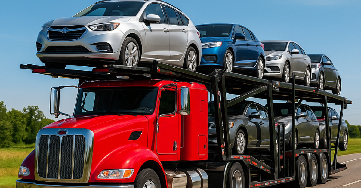 A high-resolution digital photograph captures a red semi-truck with an open car carrier trailer transporting multiple vehicles on a sunlit rural highway, framed by open skies and green trees in the background.