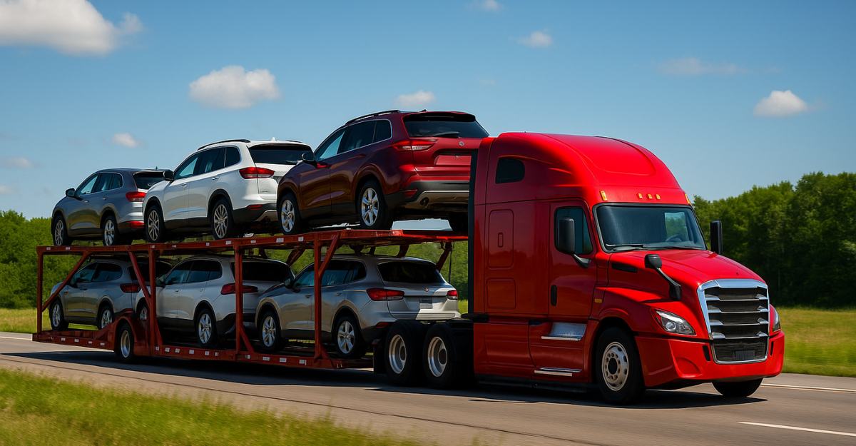 A red car carrier truck with an open trailer transports multiple vehicles along a sunny rural highway, bordered by trees and clear skies.