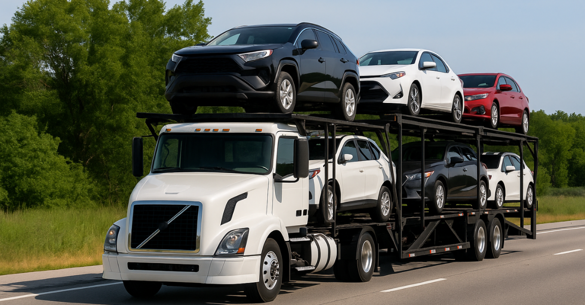 A white semi-truck with an open car carrier trailer transports several vehicles on a two-lane road bordered by trees under a bright blue sky.