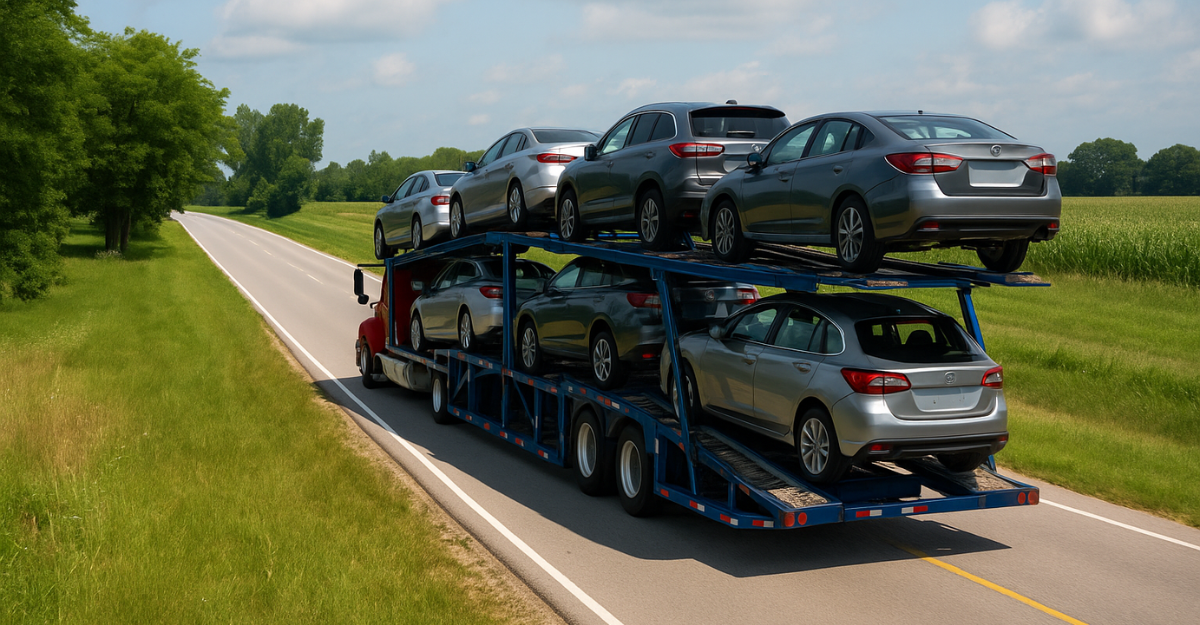 A photograph captures an open car carrier transporting several vehicles on a rural highway, with trees and fields in the background under a sunny sky.