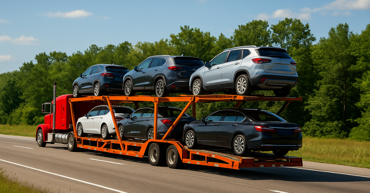 A red car carrier truck transports multiple vehicles along a highway surrounded by green trees under a clear blue sky.