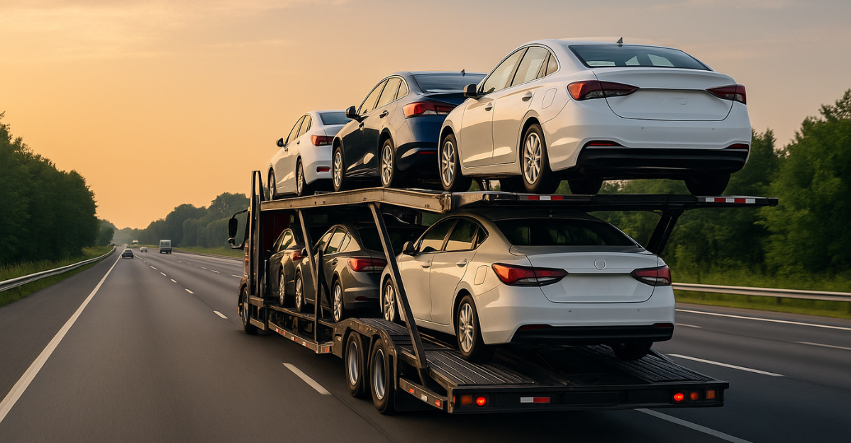 A high-resolution photograph taken during late afternoon shows a red car carrier truck hauling multiple vehicles on a highway surrounded by greenery.