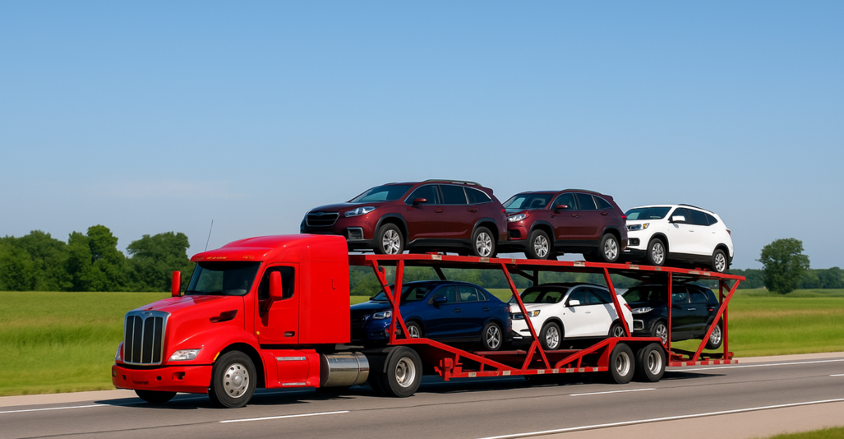 Red car carrier truck hauling multiple vehicles down a rural highway, surrounded by greenery under a bright blue sky.