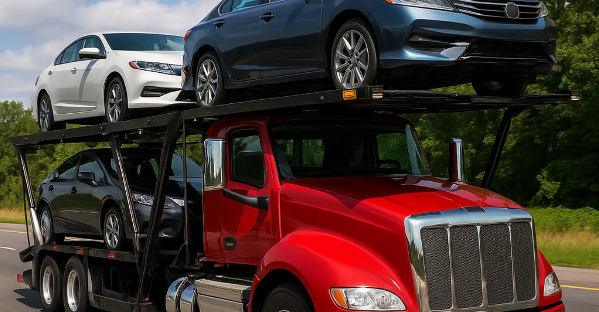Dark blue SUV being loaded onto a flatbed trailer on a sunny day, surrounded by greenery and clear skies.