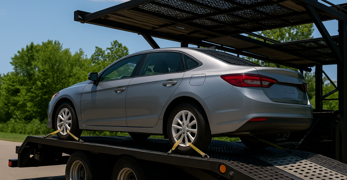 A high-resolution photograph captures a silver, late-model SUV being secured onto a car carrier trailer on a rural road, with soft sunlight and forested surroundings providing a calm, natural backdrop.