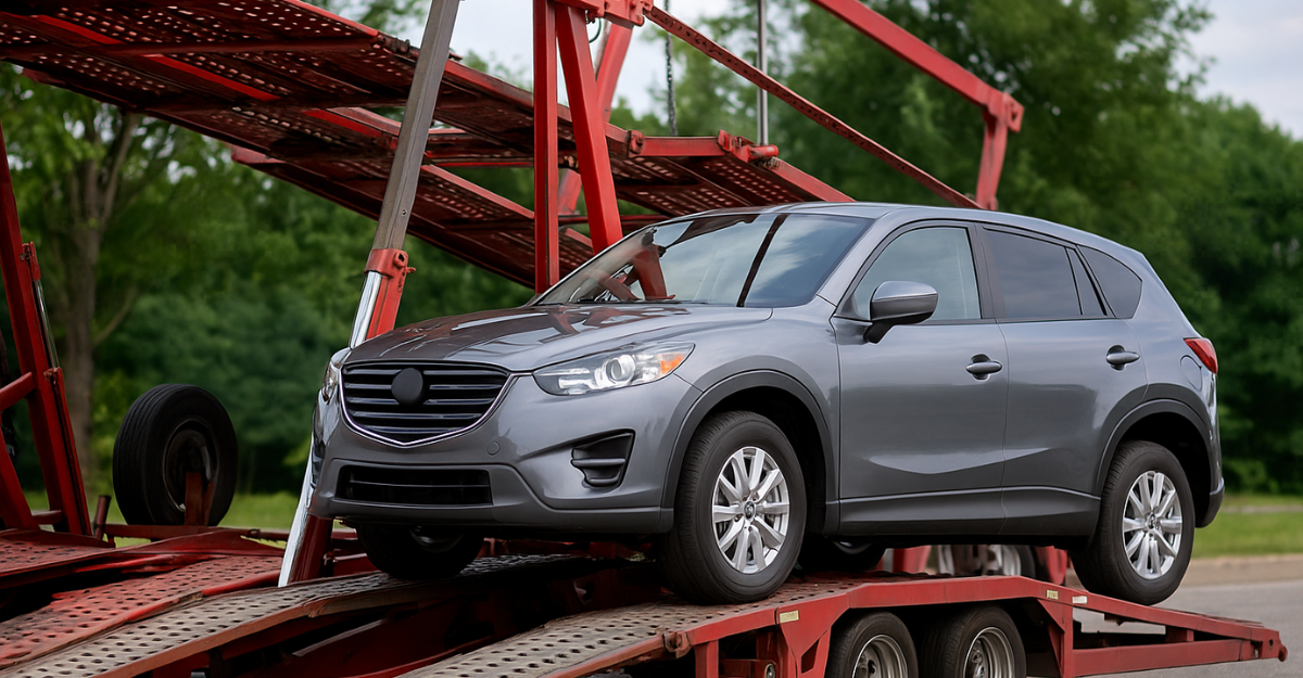 Open car carrier hauling multiple vehicles on a rural highway under blue skies, surrounded by trees and daylight.