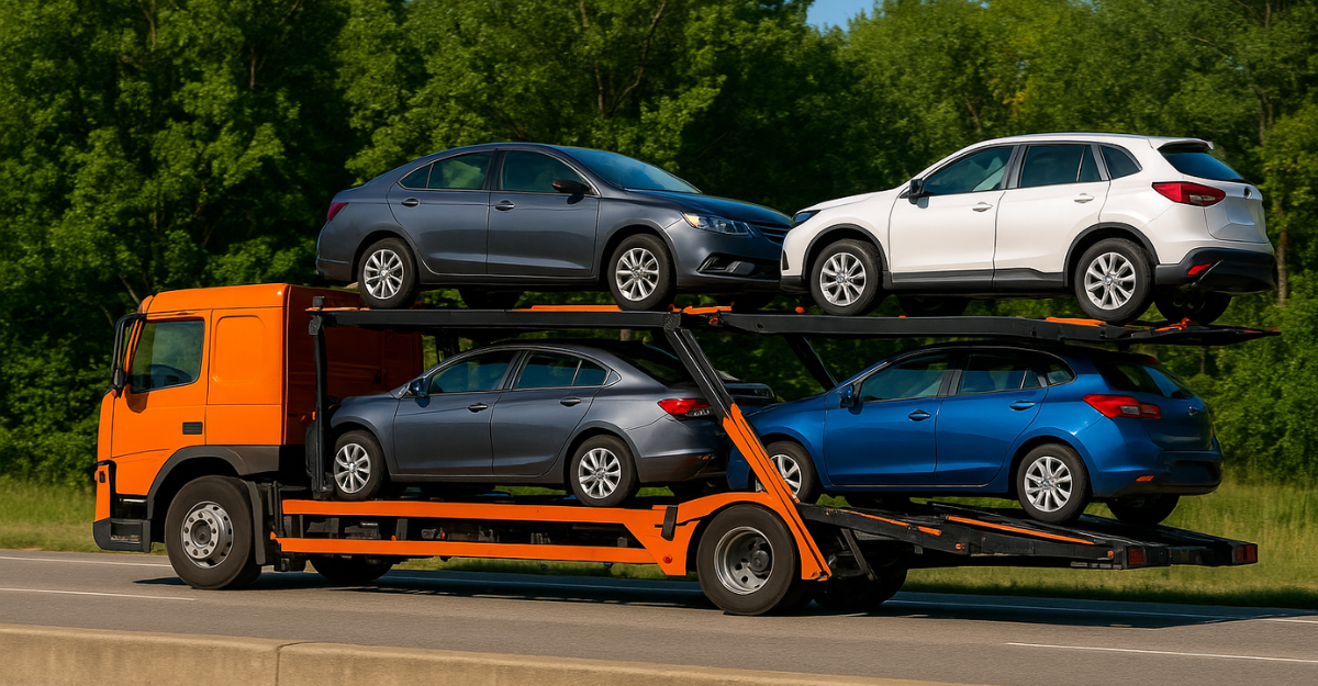 A high-resolution photograph taken during daytime shows a black and red car carrier truck transporting multiple vehicles along a rural highway, with clear skies and trees in the background.