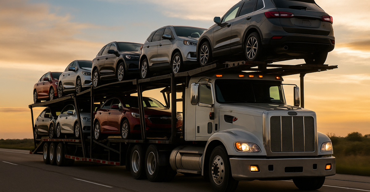 Red semi-truck hauling multiple vehicles on an open trailer, driving on a highway under clear skies.