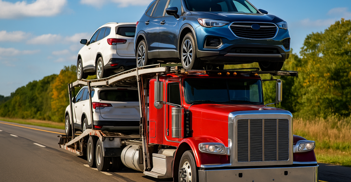 A high-resolution digital photograph captures a car carrier truck on a rural highway, hauling multiple vehicles under a partly cloudy sky.