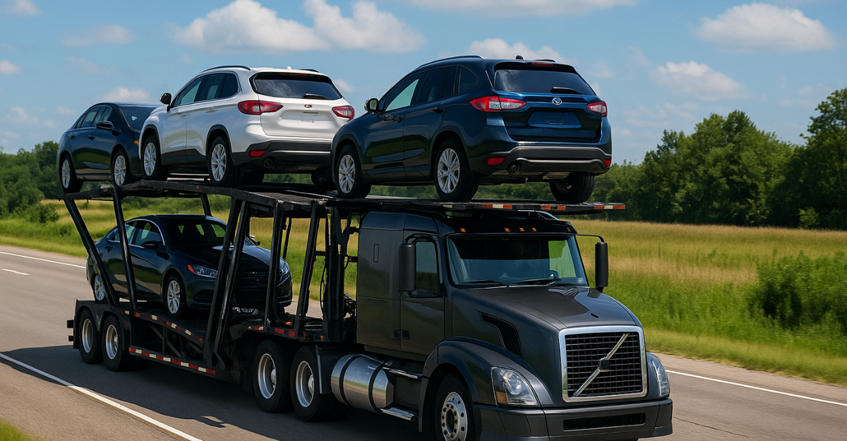 A high-resolution photograph taken during the daytime captures a red car carrier truck transporting multiple vehicles on an open highway under a blue sky.