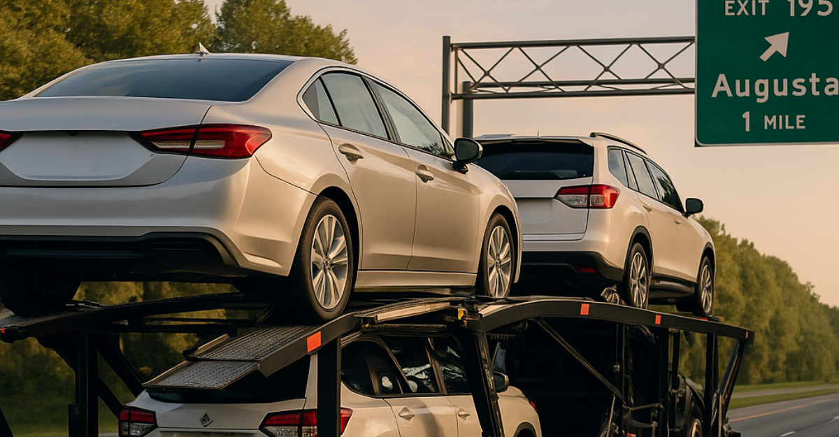 A high-resolution photograph captures an open car carrier trailer transporting multiple vehicles on a sunny day along a rural highway.